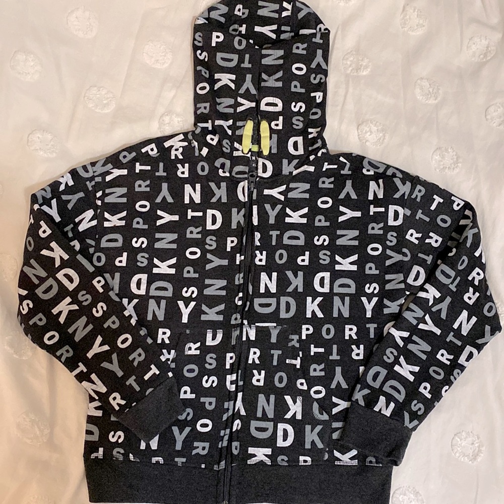 DKNY Sport Zip Up Boys Hoodie. Charcoal, White, & Gray with a hint of Lime Green